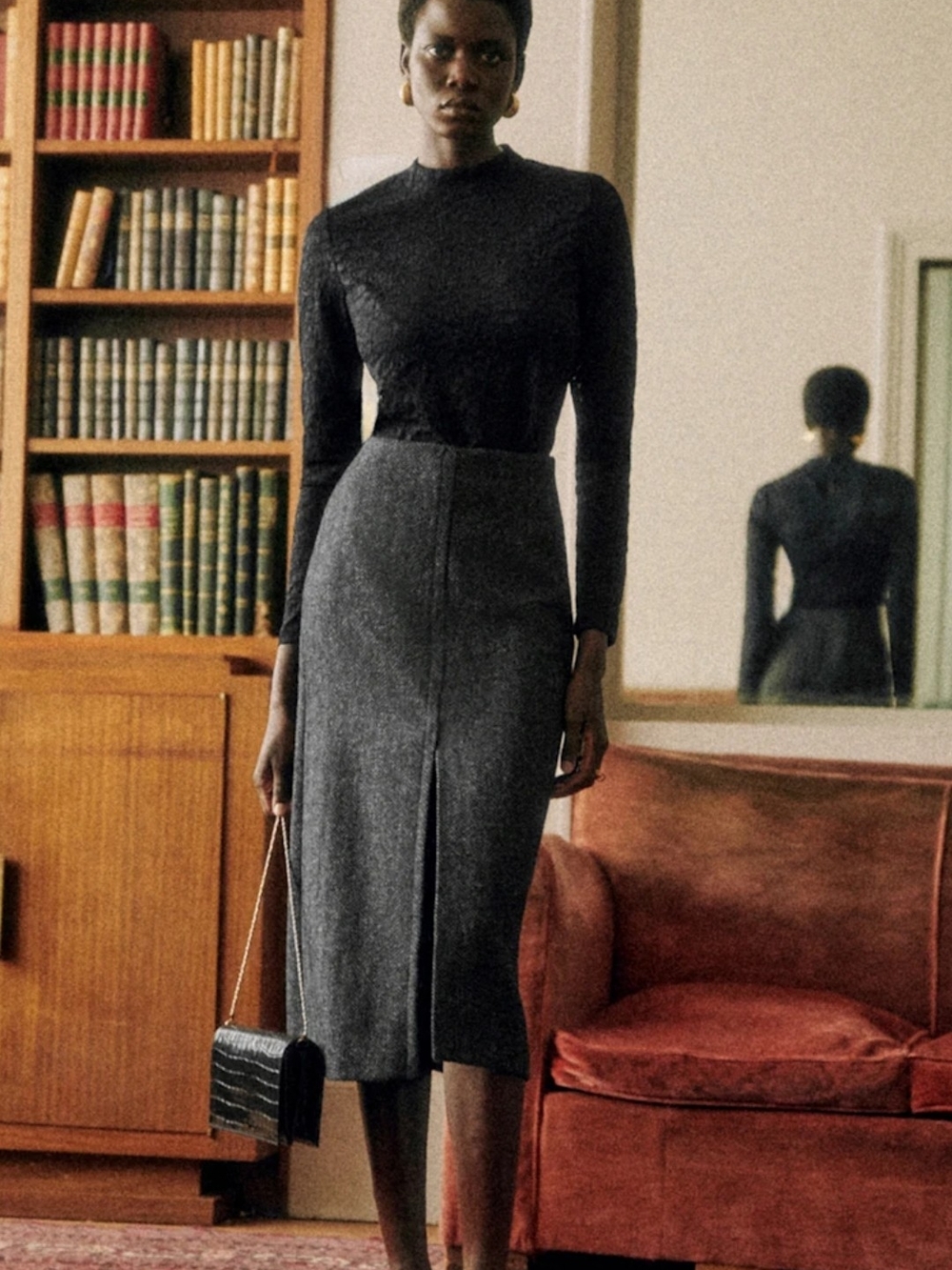 Sézane Eloane 100% Wool Skirt Midi Dark Grey Herringbone Slit Size 36,4